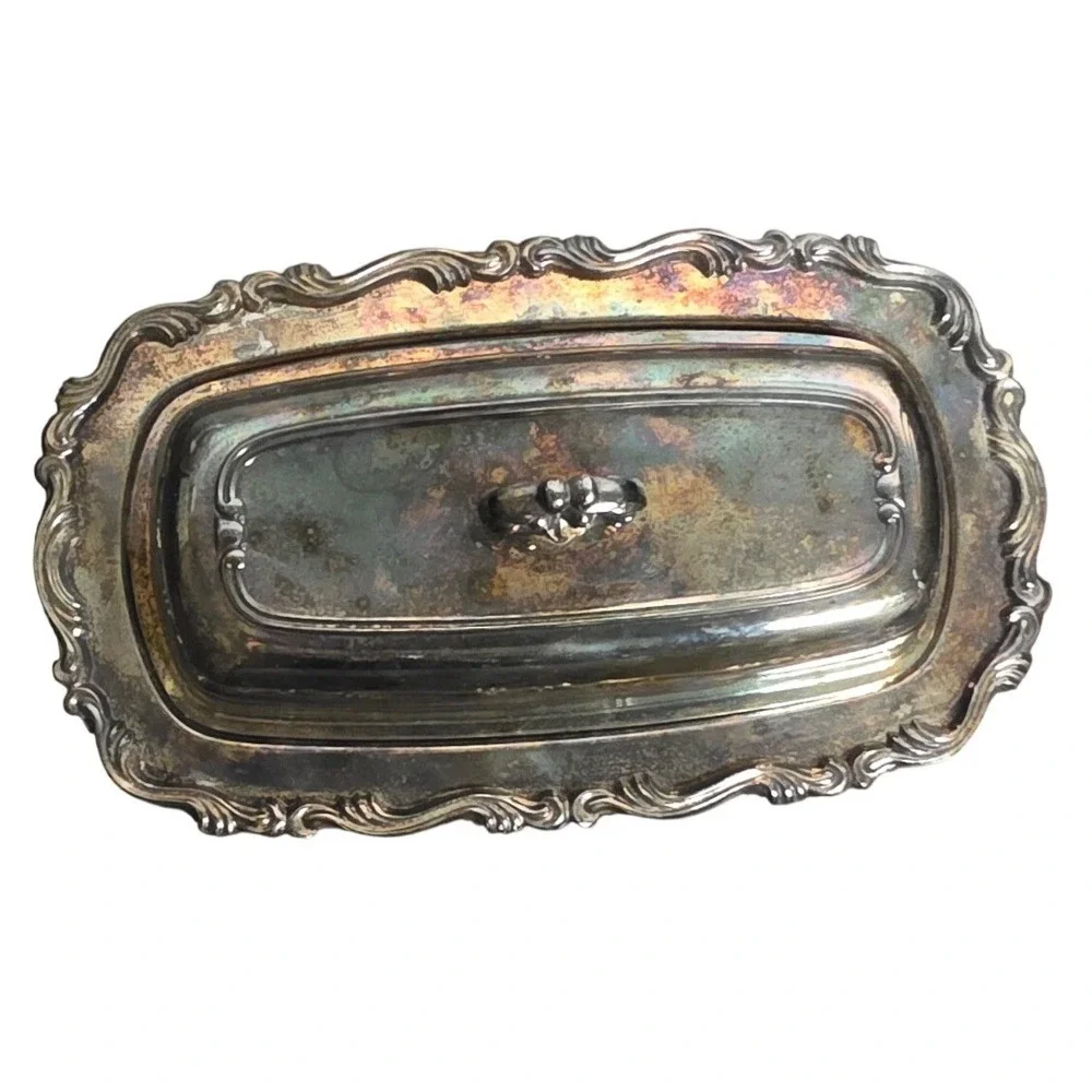 Vintage Butter Dish Wm A Rogers Oneida Ornate Footed Silver Plated